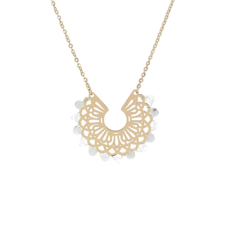 Collier en acier doré avec un pendentif en forme de rosace orné de perles naturelles Agate blanc, chaînette réglable