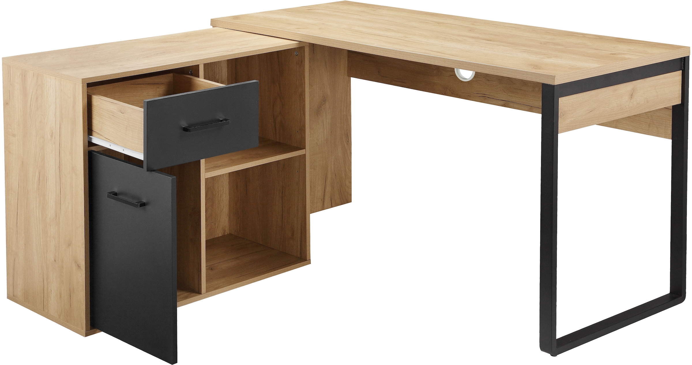 PLACES OF STYLE Eckschreibtisch »Moid, Computertisch, Kabeldurchlass, mit Regalfächern,« Schublade und Tür, flexibles Regalelement, 140x82-115 cm