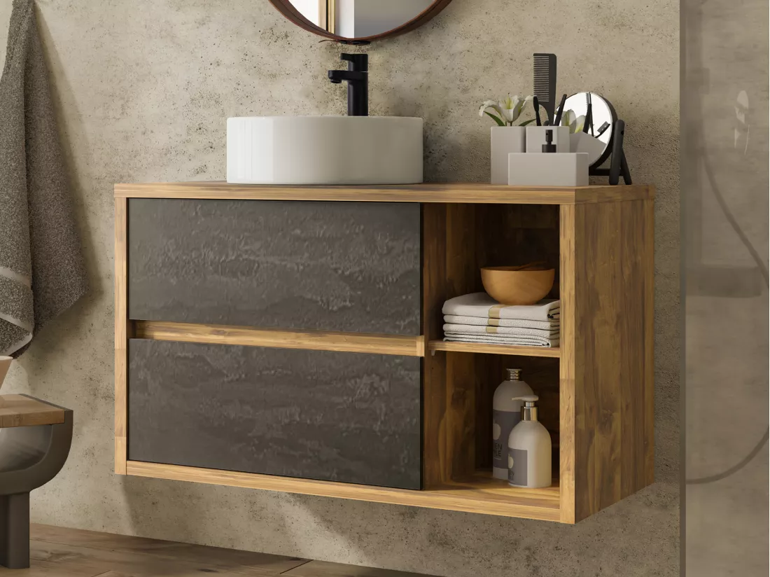 Meuble de salle de bain suspendu avec vasque ronde - Coloris naturel et anthracite - 100 cm - TIKITIKI