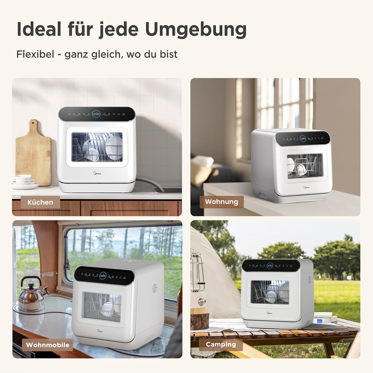 Midea Tischgeschirrspüler für 3 Gedecke, mit und ohne Wasseranschluss Verwendbar, IOT-Steuerung, 6+1 Programme, Touch Control, Mini Geschirrspüler für Wohnungen, Schlafsäle und Wohnmobile