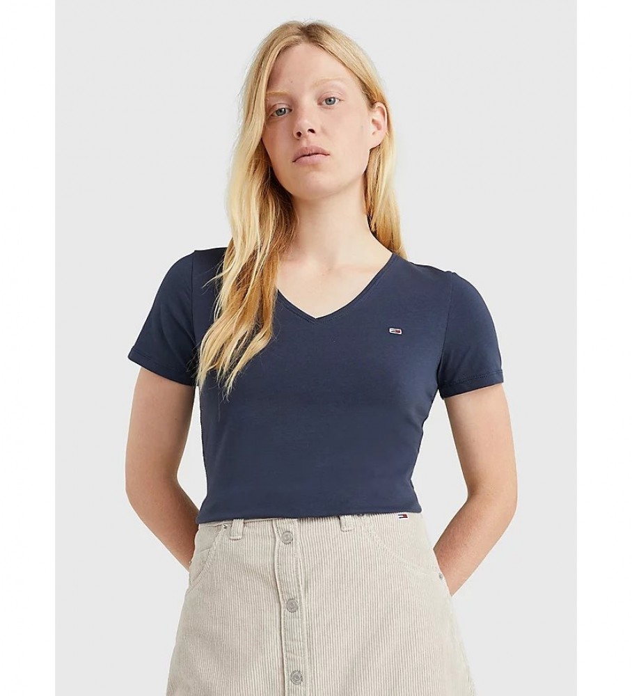 Camiseta Tommy Jeans Skinny de Algodão Orgânico, Azul Marinho