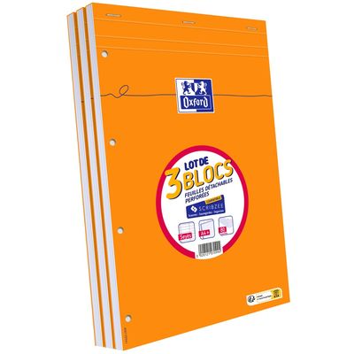 Oxford - Pack de 3 Blocs notes - A4 + - 160 pages - grands carreaux - perforés