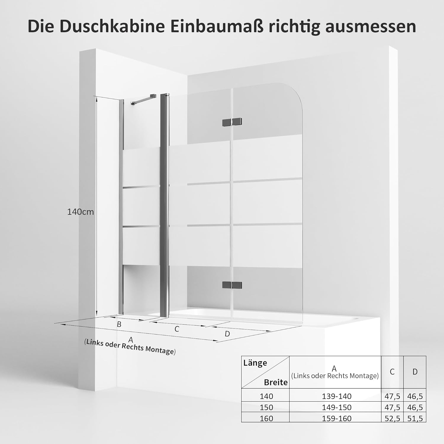Duschwand für Badewanne mit Stabilisator und Festteil 2 teilig faltbar 140 x 140 cm Gestreift Badewannenfaltwand Duschtrennwand 6mm Nano Glas Duschabtrennung Badewanne