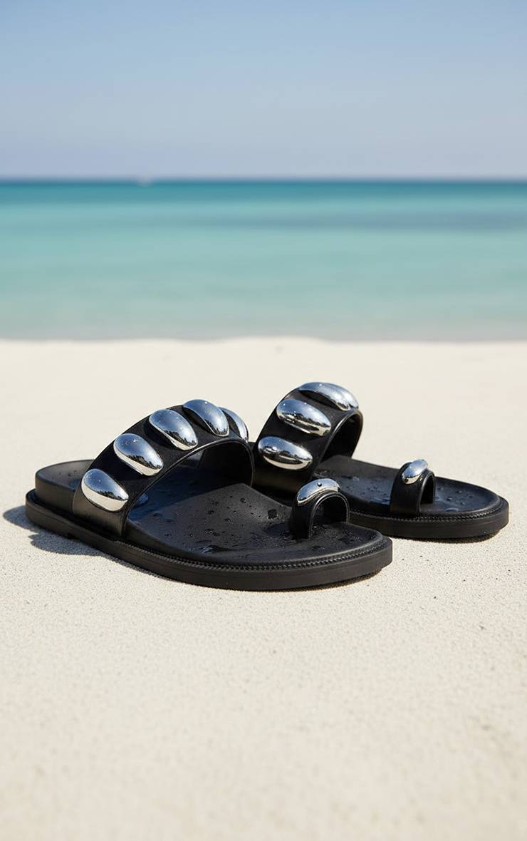 Noir Sandales À Semelle Intérieure Avec Détail Garniture Argentée En Synthétiquecuir