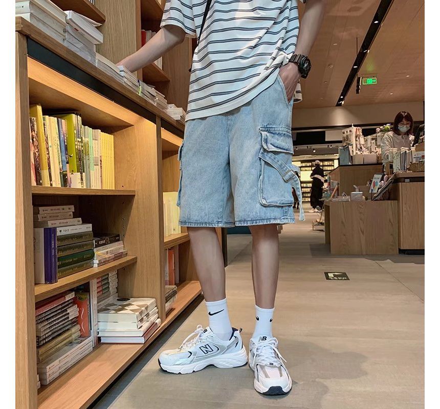 DuckleBeam - Mid Rise Washed Denim Cargo Shorts