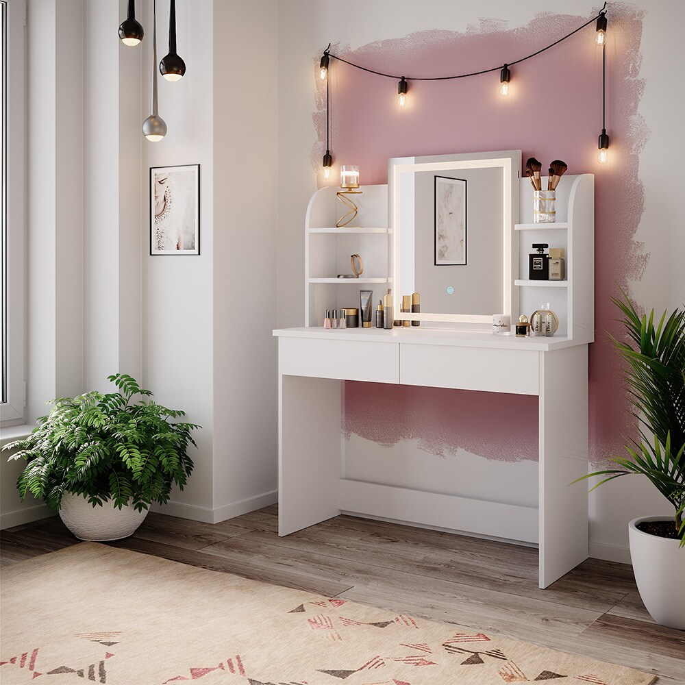 Vicco Schminktisch Frisiertisch Schminkkommode Charlotte Weiß LED-Spiegel 106x142 cm modern Schlafzimmer Kommode Schublade Ablage Aufbewahrung Kosmetiktisch Schminkkonsole Make-Up-Tisch