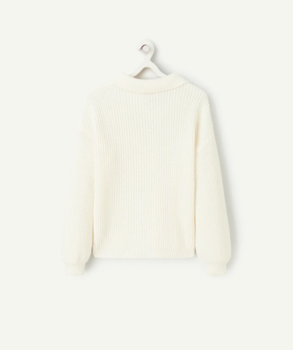 PULL FILLE ÉCRU EN TRICOT ET CROCHET AVEC COL