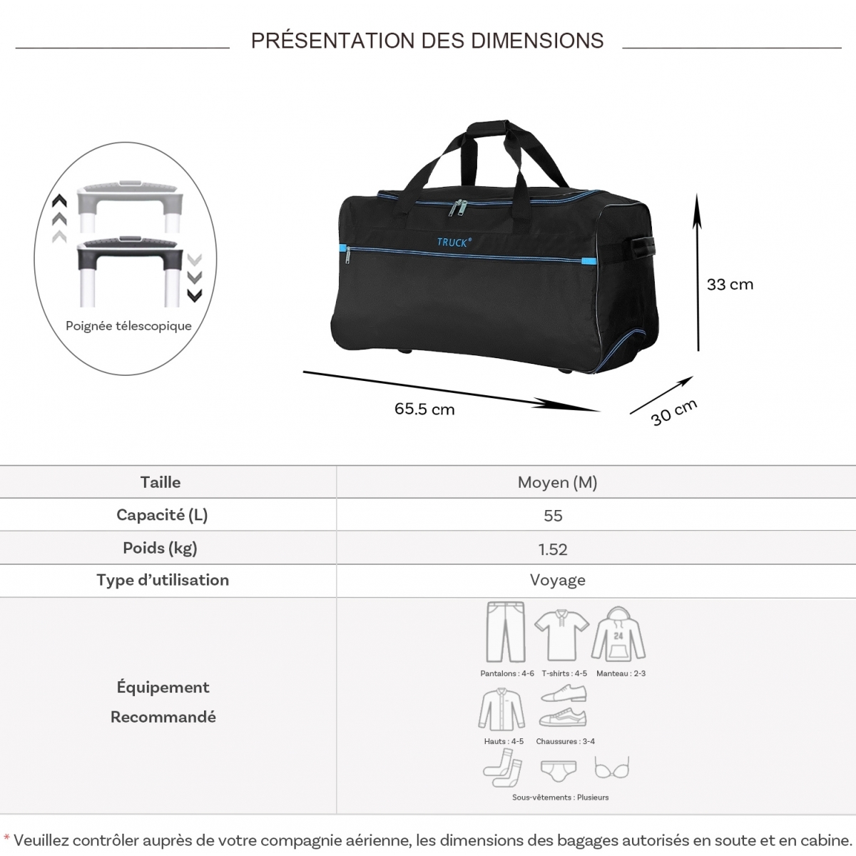 Truck Sac de voyage avec roulettes 64L Truck polyester taille M 65.50cm