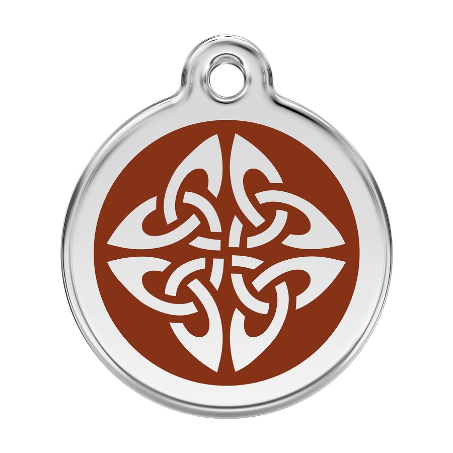 Placa de identificação para cães em aço inoxidável esmaltado com desenho tribal de flechas na cor marrom