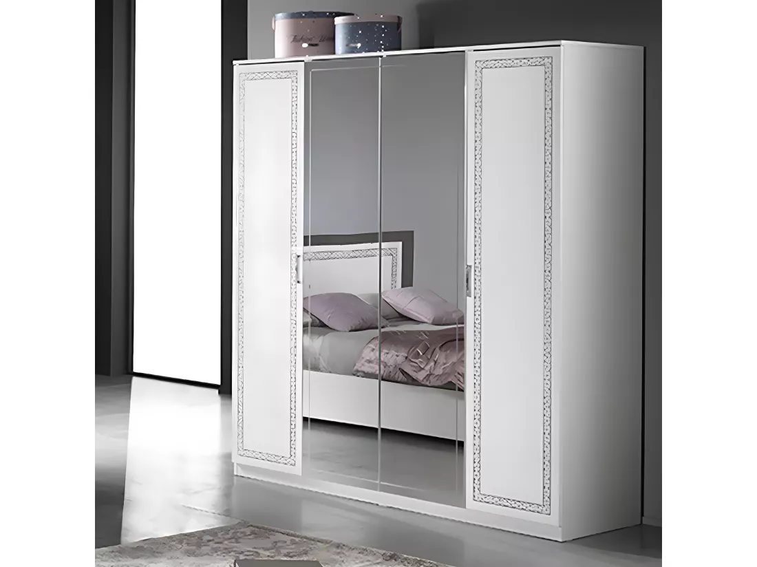 FADILY - Armoire 4 Portes Laquée Blanc avec Sérigraphies