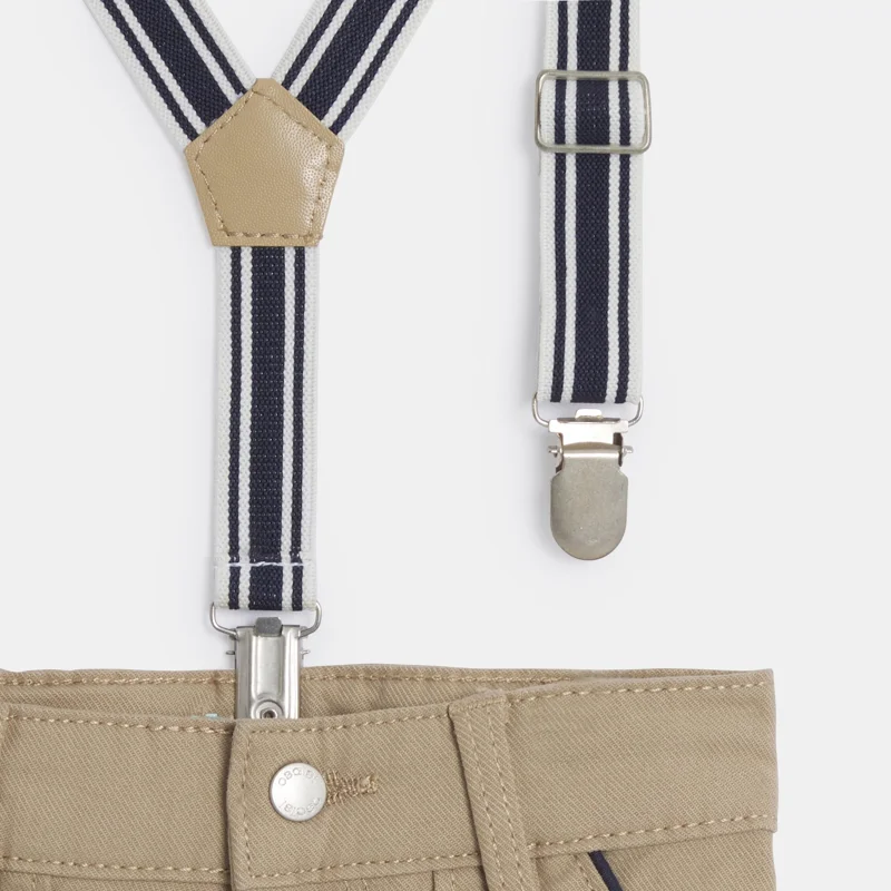 Pantalon modulable coton fantaisie à bretelles beige lin bébé garçon Beige