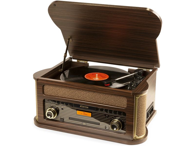 Fenton Plattenspieler Memphis Vintage Dunkelbraun Retro Plattenspieler mit Radio, Bluetooth, Media-Player und Umwandlungsmöglichkeit für Schallplatten und Kassetten