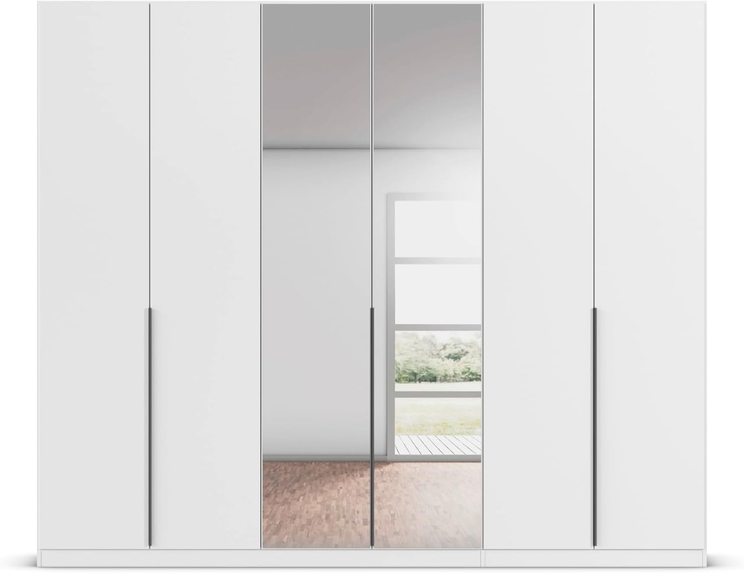 Rauch Möbel Alabama, Kleiderschrank, Garderobenschrank, 6-türig, Spiegel, Zubehör Classic, 3 Kleiderstangen, 9 Einlegeböden, Farbe Weiß, Griff Grau metallic, 271x229x54cm