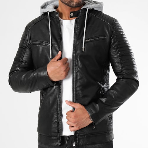 Veste Biker Capuche 0041 Noir Gris Chiné