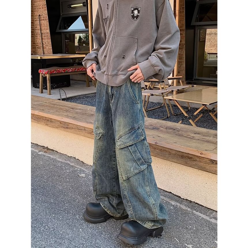 Kenning - Low Waist Washed Wide Leg Cargo Jeans