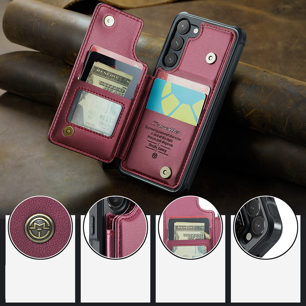 Samsung Galaxy S23 5G Leder Hülle mit Kartenfächern im Litchi Look   Kickstand (RFID Schutz) - Rot