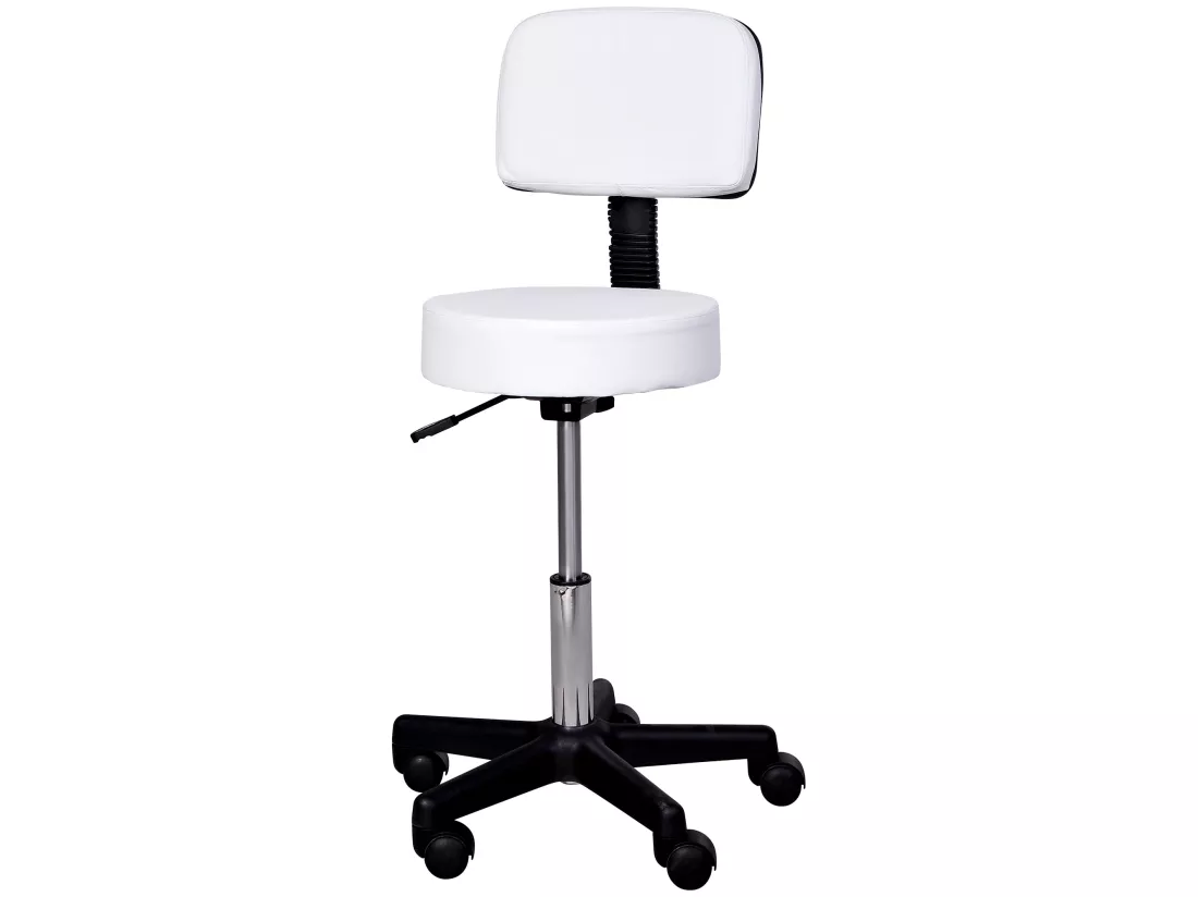 Tabouret massage à roulettes réglable en hauteur pivotant avec dossier ergonomique blanc