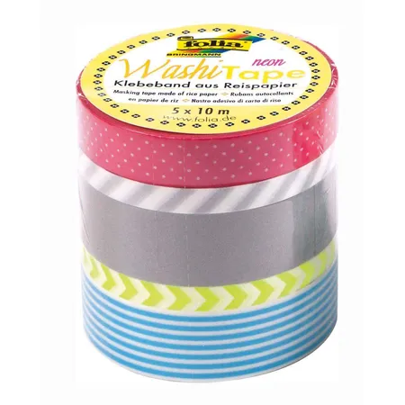 Folia Washi Tape, Neon gelb, Klebeband aus Reispapier, 5er Set- ideal zum Verzieren und Dekorieren
