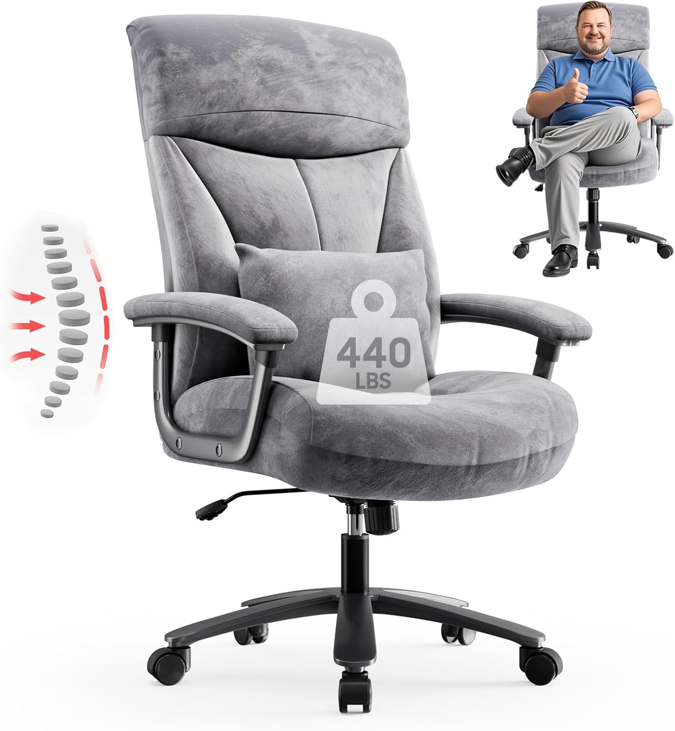 Ergonomischer Bürostuhl 200kg, Chefsessel, Schreibtischstuhl Weich, bequem XXL Breiter Sitzfläche, verdickte Gepolstert, Höhenverstellbar, mit Lendenkissen, für Große Menschen, Cord Stoff