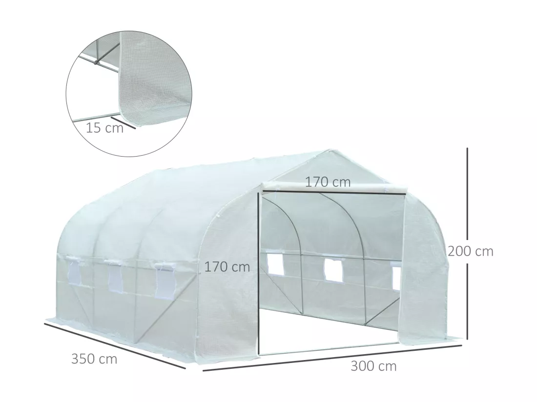 Serre tunnel de jardin 3,5 x 3 x 2 m grande taille 6 fenêtres blanc