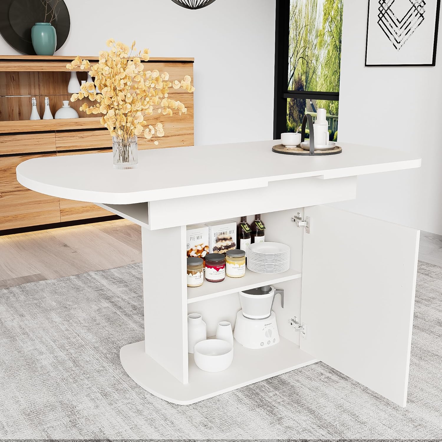 Esstisch Küchentisch Ovaler für 4-6 Personen, Esstisch Ausziehbar 110-130 x 70 cm, Esszimmertisch mit Stauraum Regal und Türen, Modern Tisch mit Tischplatte für Esszimmer Wohnzimmer (Weiß)