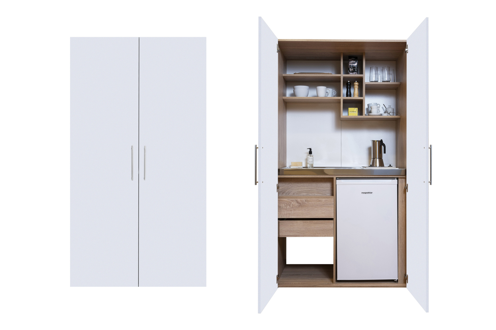 RESPEKTA Schrankküche - weiß - Eiche sägerau - mit E-Geräten - 104 cm breit