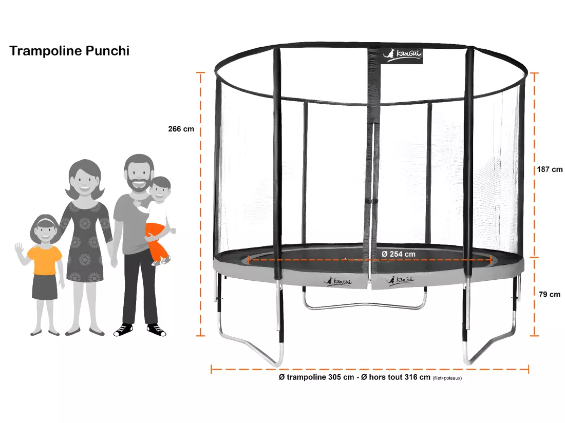 Kangui - Trampoline de jardin rond 305 cm + filet + échelle + bâche + kit ancrage | PUNCHI Bleu