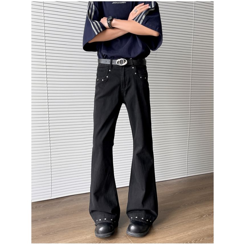 Filmas - Mid Rise Washed Frayed Studded Flared Jeans