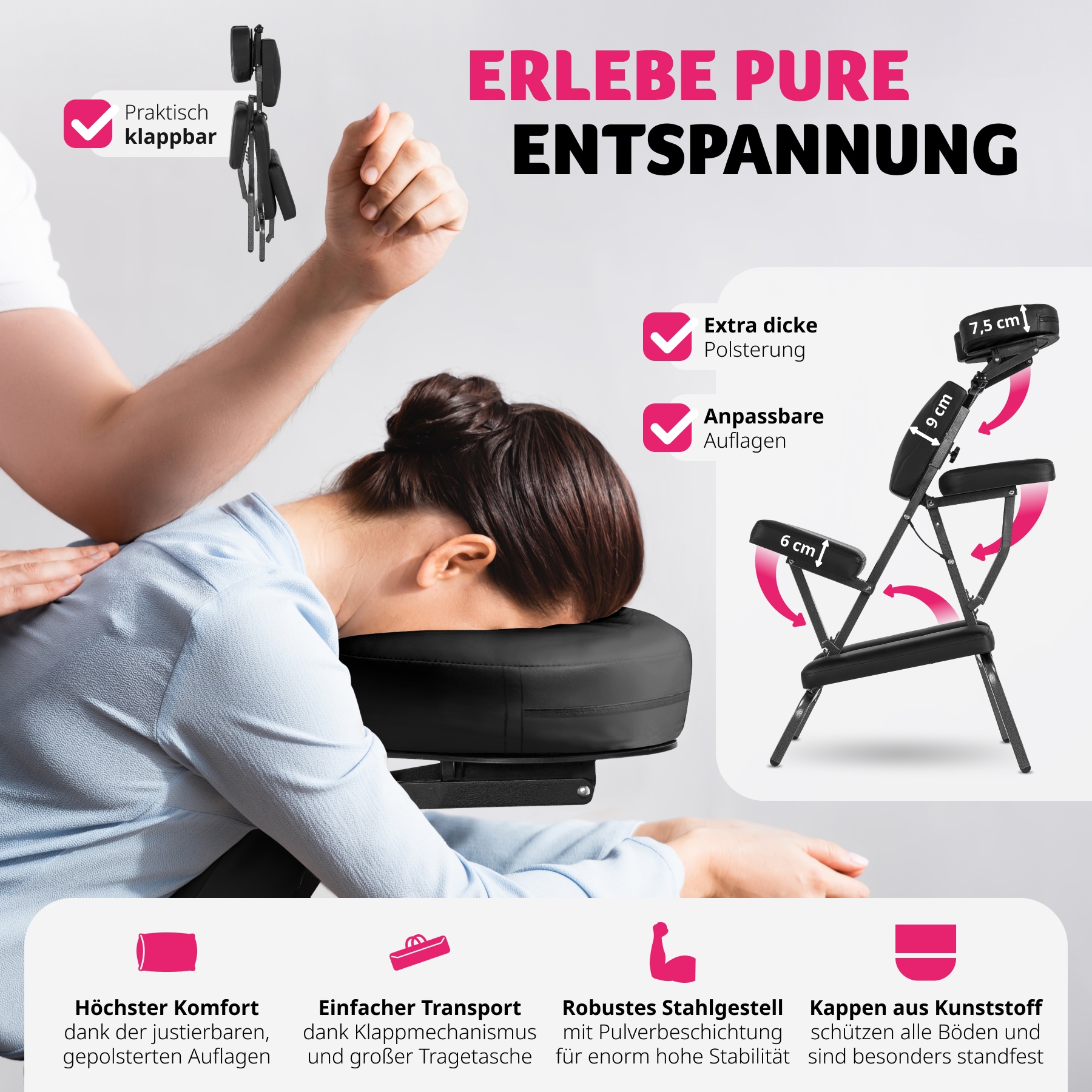tectake® Massagestuhl, klappbar, gepolsterte Beinablagen, 80 x 50 x 105 cm