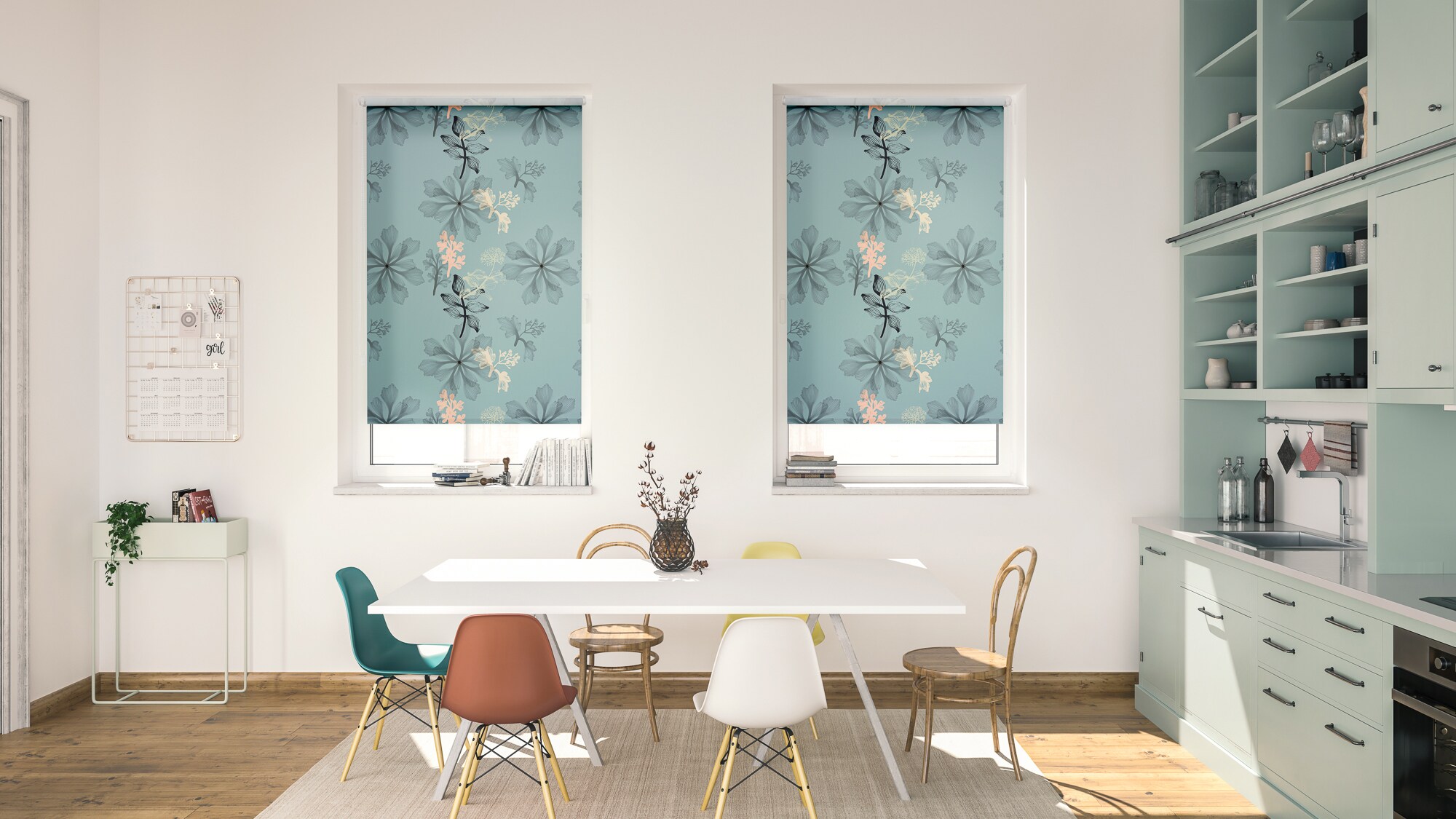 Lichtblick Rollo Klemmfix, ohne Bohren, blickdicht, Aqua Floral - Blau