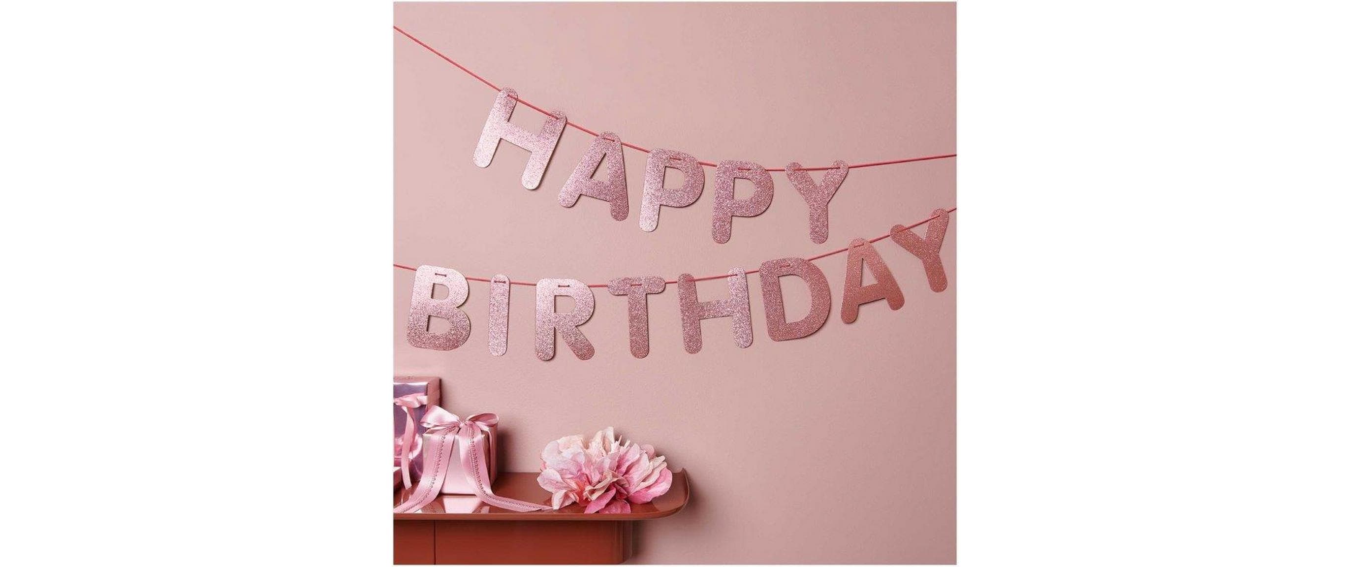 Girlande Happy Birthday, Glitter RosaDekorative Papiergirlande zum Geburtstag