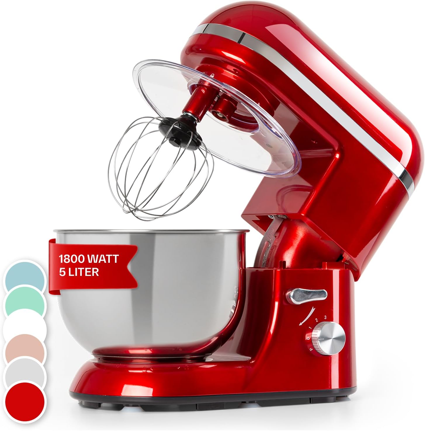Klarstein Bella Elegance Küchenmaschine - 1300 W/1,7 PS Knetmaschine, Rührmaschine mit Pulsfunktion, Planetarisches Rührsystem, 5L Edelstahlschüssel, 3-tlg. silberfarbene Applikationen, rot