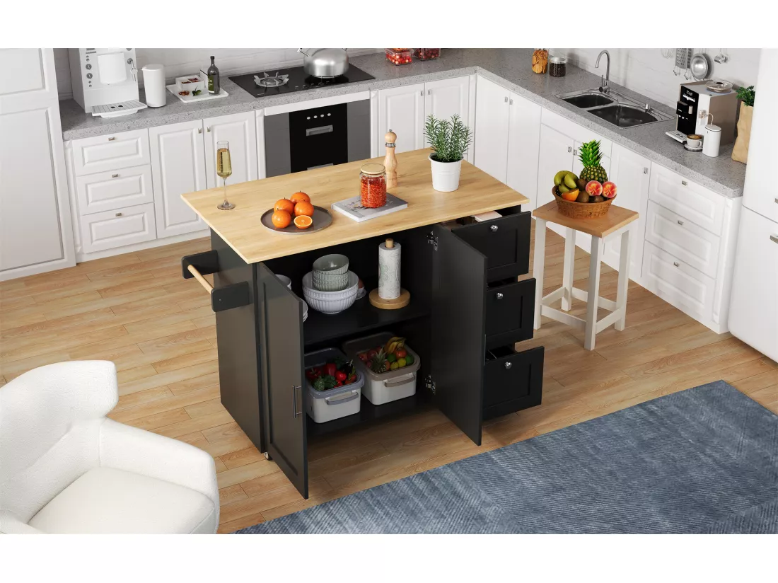 Buffet de cuisine,table de cuisine mobile,design pliable,avec 3 tiroirs et porte-serviettes,135x44(70)x90 cm,Noir