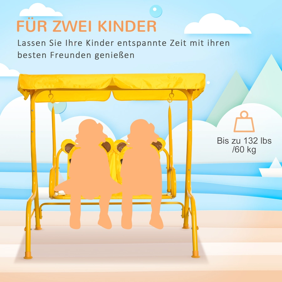 Outsunny Kinder Hollywoodschaukel mit dem Tigermuster, mit dem winkelverstellbaren Verdeck gelb