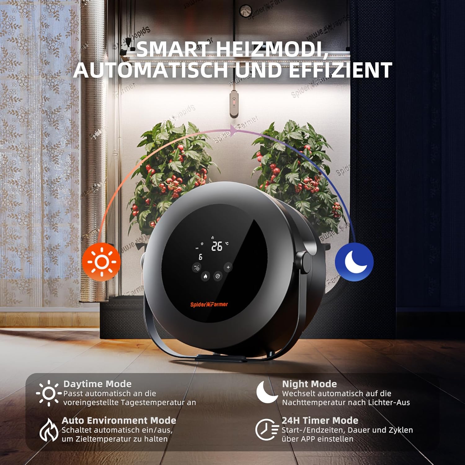 Spider Farmer Heizlüfter,540W Heizung Intelligente Temperaturregelung Energiesparend Leise,4 Modi und 24 Std. Timer, 10-PTC Heizung und Lüftungsrohr, Geeignet für Pflanzenräume und Growzelte