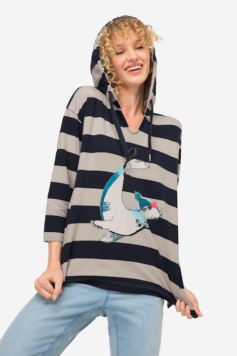 Hoodie, Ringel, Robben-Print, Kapuze, 3/4-Ärmel, OEKO-TEX