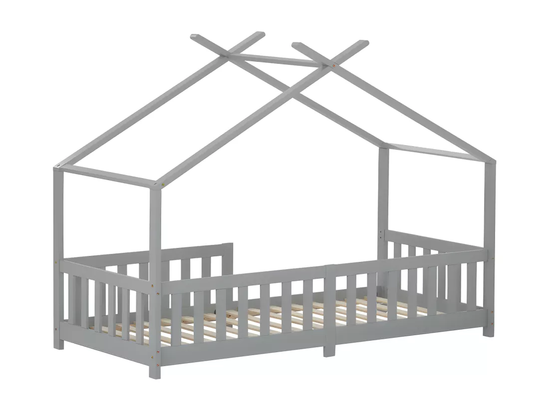 Lit cabane lit enfant 90x200cm en bois massif avec protection antichute et sommier à lattes - Gris