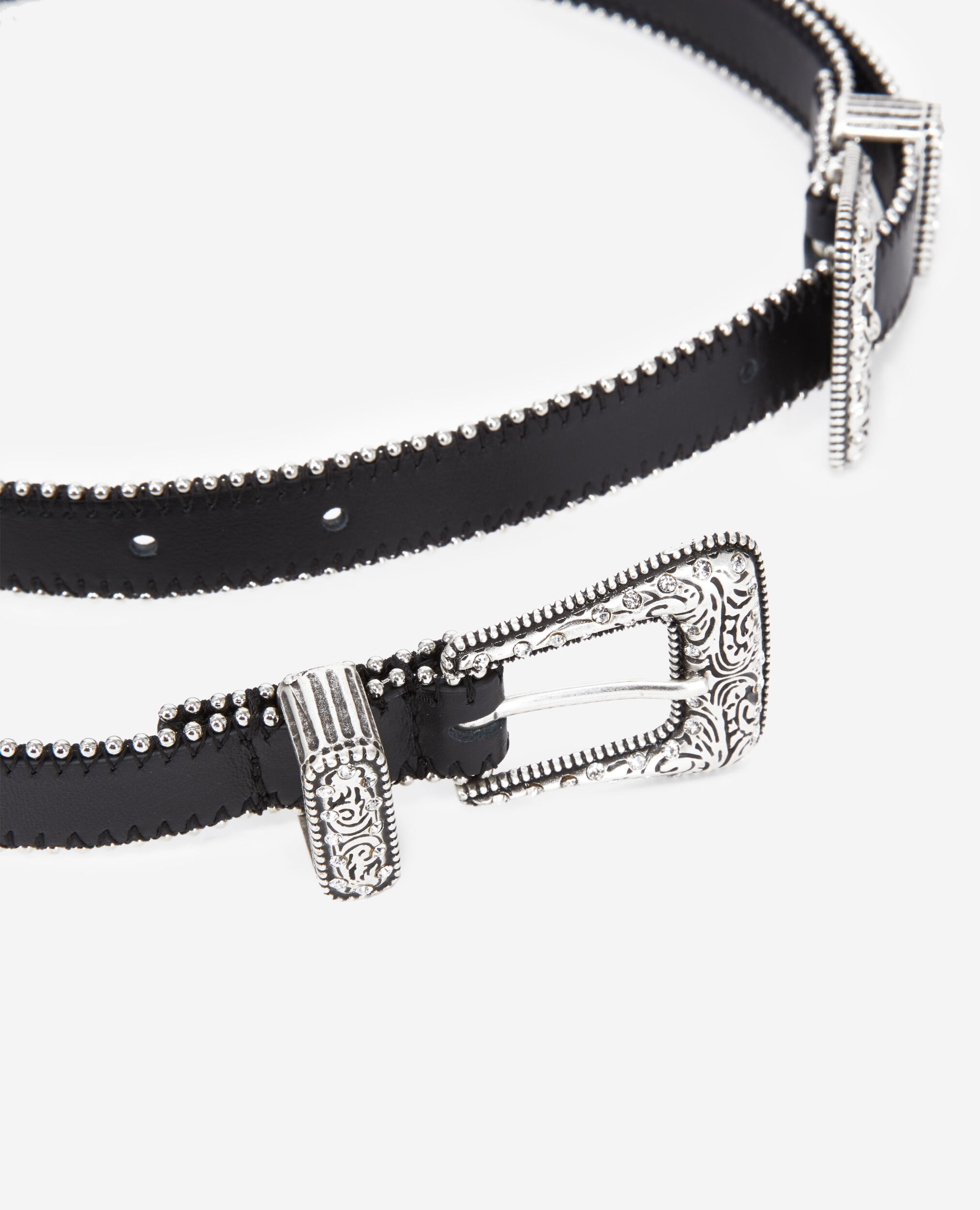 Ceinture en cuir noir avec double boucle Western à strass