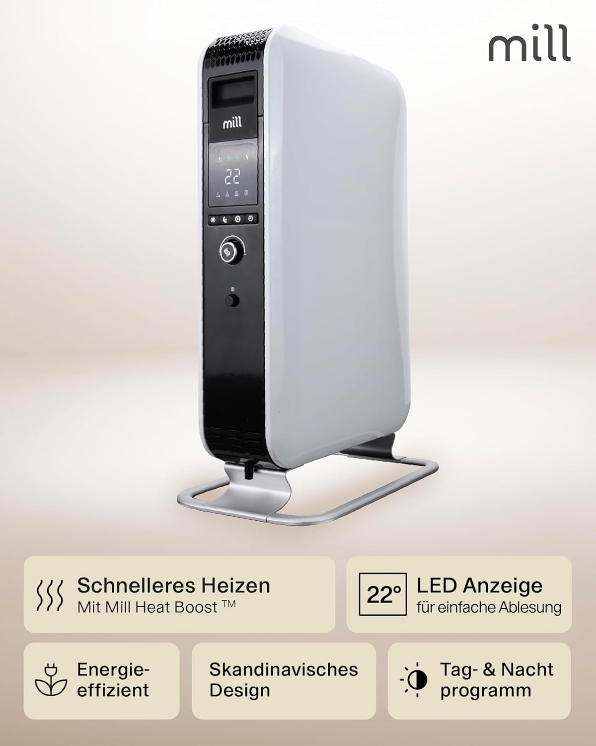 Mill Ölradiator Heizkörper 2000W, elektrische Heizung, bis zu 28m², geräuschlose Elektroheizung energiesparend, sicherer Elektroheizkörper mit Tag-Nacht Programm, Radiator Heizung elektrisch weiß