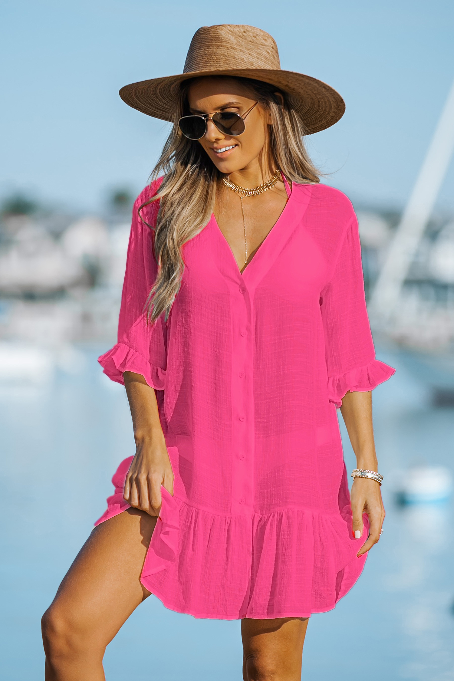 Robe cover up à volants fuschia