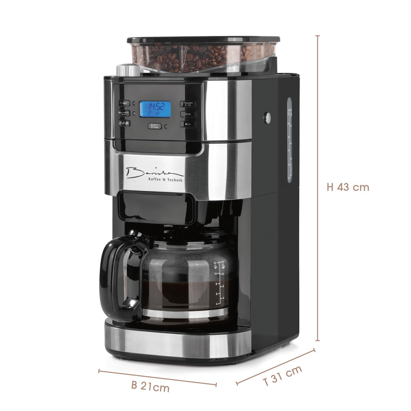 Barista Kaffee & Technik Cafetière Filtre avec verseuse erseuse en verre 1L pur 12 tasses de café, Machine a cafe grain avec broyeur et écran digital,