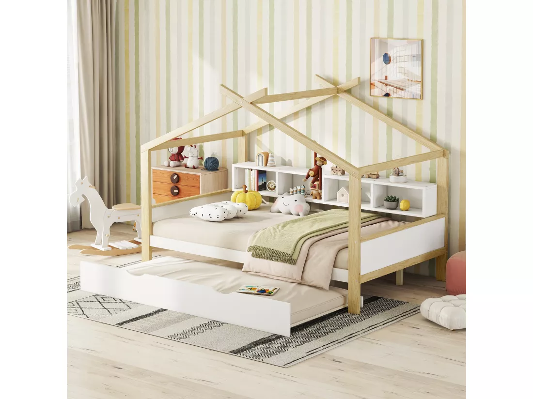 Lit cabane 140x200cm, lit de maison d'enfant, équipé d'un lit gigogne, 4 compartiments de rangement, blanc