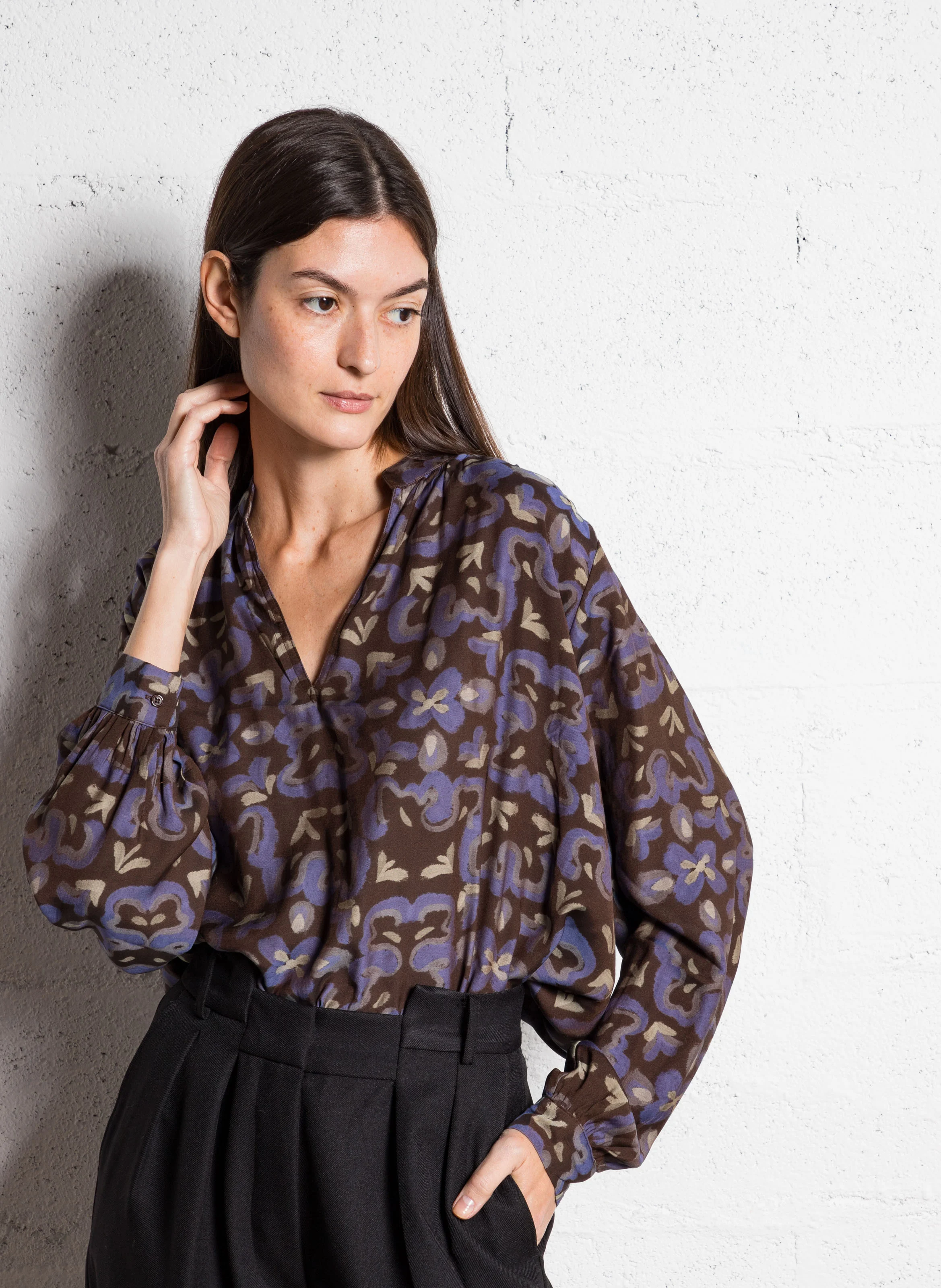 Top ample col V en coton mélangé | Multicolore