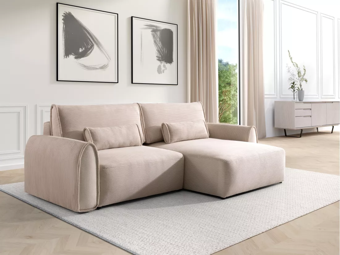 Canapé d'angle convertible et réversible en velours côtelé beige RISTANO