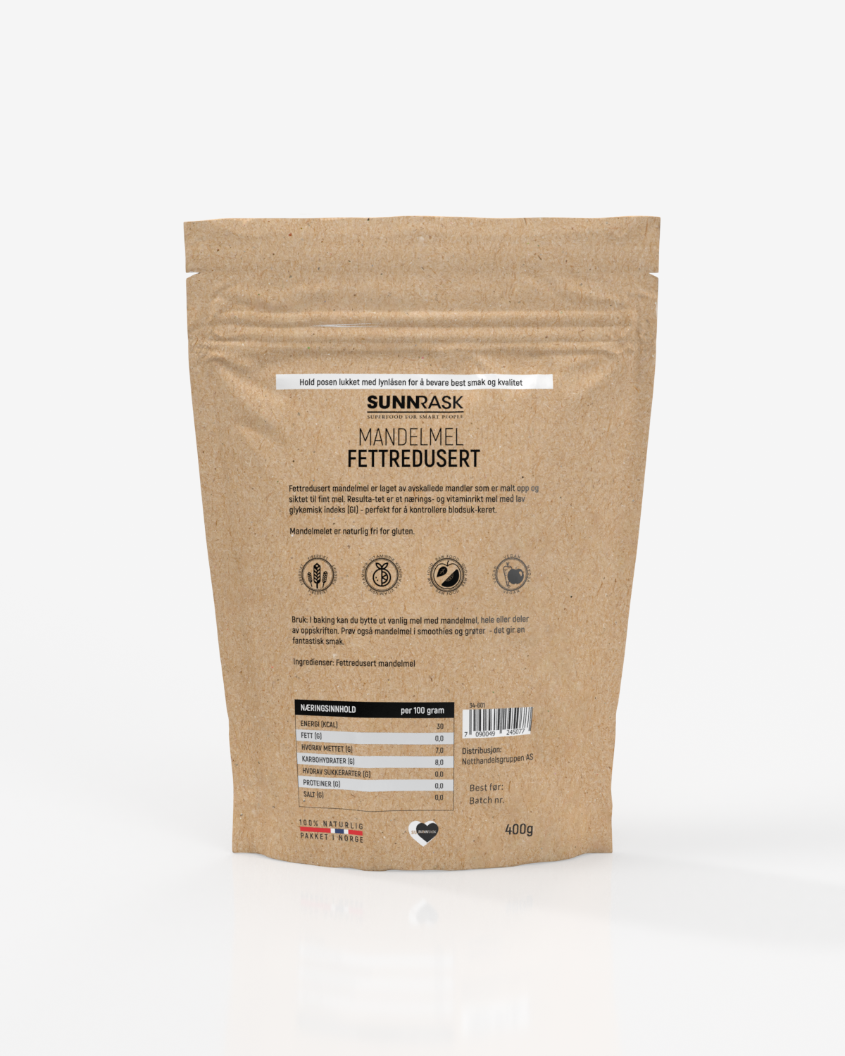 3 x SunnRask – Mandelmel Fettredusert 500g