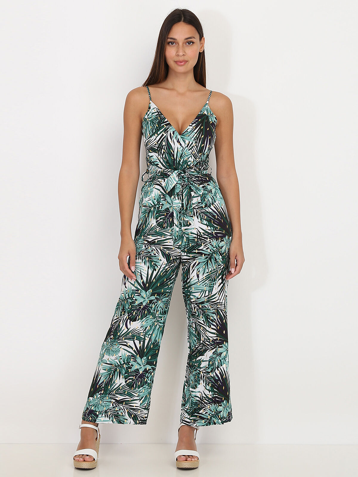 Combinaison pantalon à imprimé tropical- Blanc
