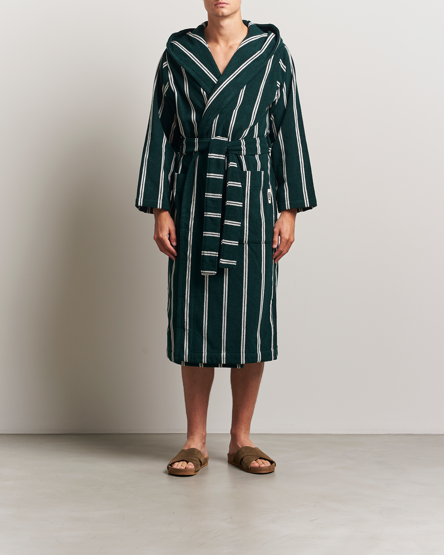Tekla Organic Terry Hooded Bathrobe Forest Green Stripes
