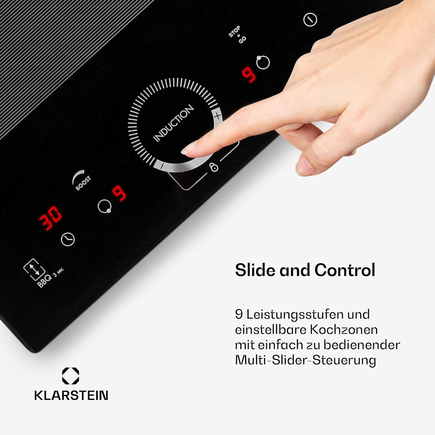 Klarstein Glaskeramik Kochfeld, mit 4 Platten, Einbau-Induktionskochfeld mit Touch-Display, Digitalanzeige und Timer-Funktion, Schnelles Aufheizen, 3500 Watt