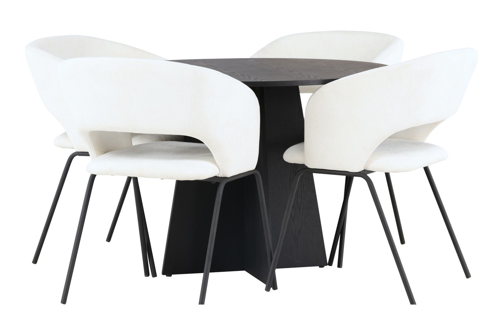 Bootcut og Day Spisegruppe Bootcut rundt spisebord ø110cm i sort med 4 stk. Day spisestoler i White og metal understell.