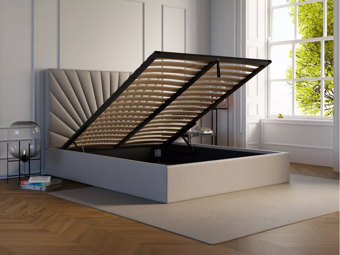 Lit coffre 160 x 200 cm - Tissu - Beige + Matelas - RILIODA de Pascal Morabito